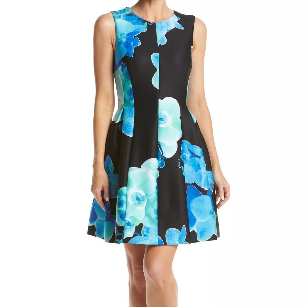 Calvin Klein Never Worn with Tag - Blue Floral Print Black Dress.  Size 4.
